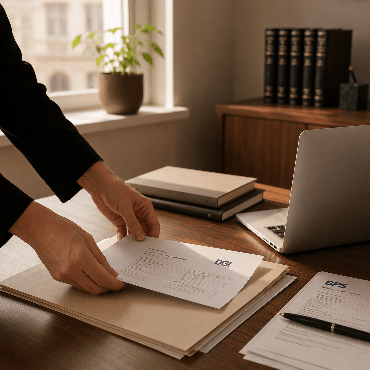 Persona ordenando documentos de organismos públicos sobre un escritorio junto a una computadora portátil.